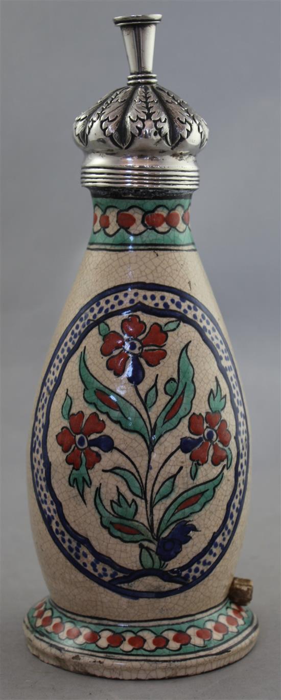A Turkish pottery silver topped rosewater sprinkler, later 19th / early 20th century, 25cm